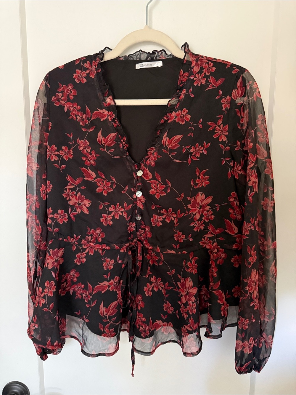 Cupshe Black Sheer Blouse with Red Floral Print